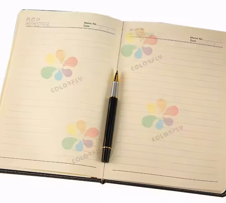 Custom corporate logo embossing on plant-based leatherette cover - 4C foil stamping example