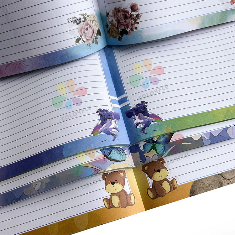 Close-up of Colorfly notebook's single line ruling and durable binding
