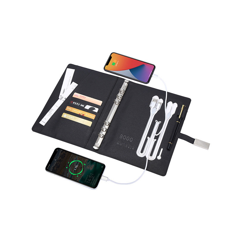 Customizable Power Bank Notebook Open View Showing Refillable Pages and USB Port