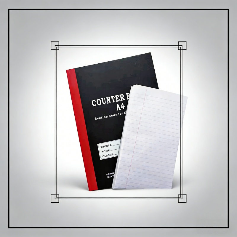 Close-up of the reinforced hard cover and binding of an A4 exercise book