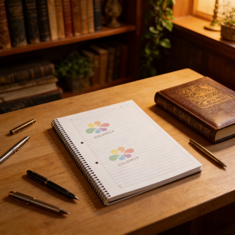 Close-up of Colorfly printed cover exercise book opened flat, showing durable binding and clean white pages