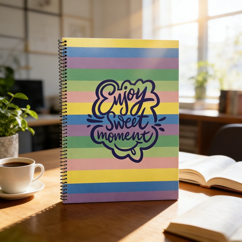 Stack of Colorfly printed cover exercise books with custom school logos, neatly arranged on a classroom desk