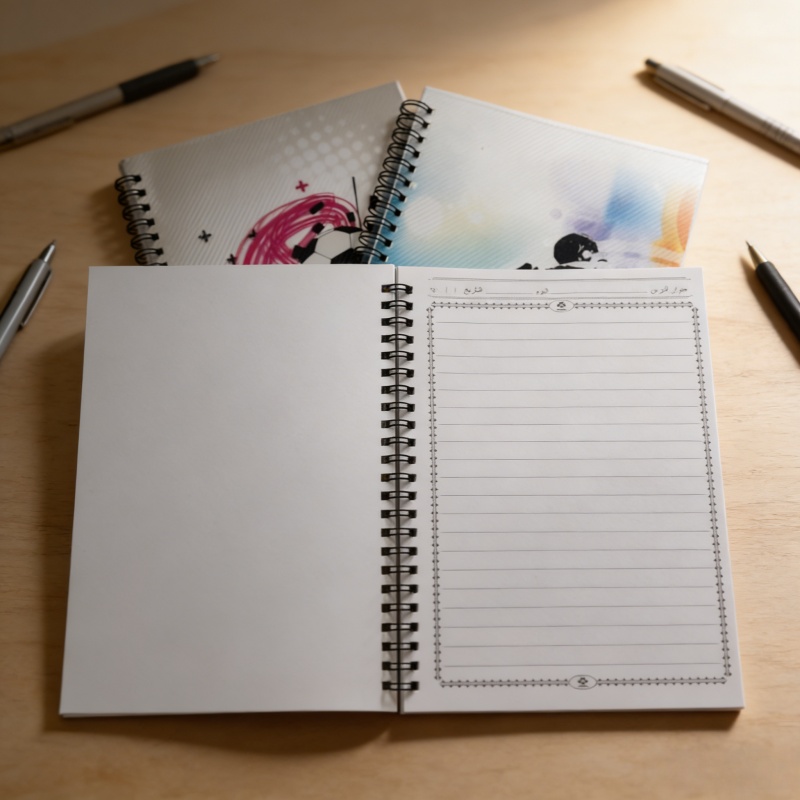 Colorfly PP spiral notebook interior showing premium paper and flat-lay spiral binding