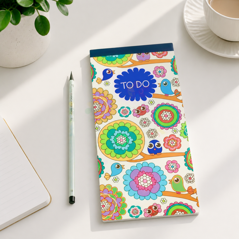 Custom notebook for student promotional gift with colorful cover and school logo on a desk beside a pen