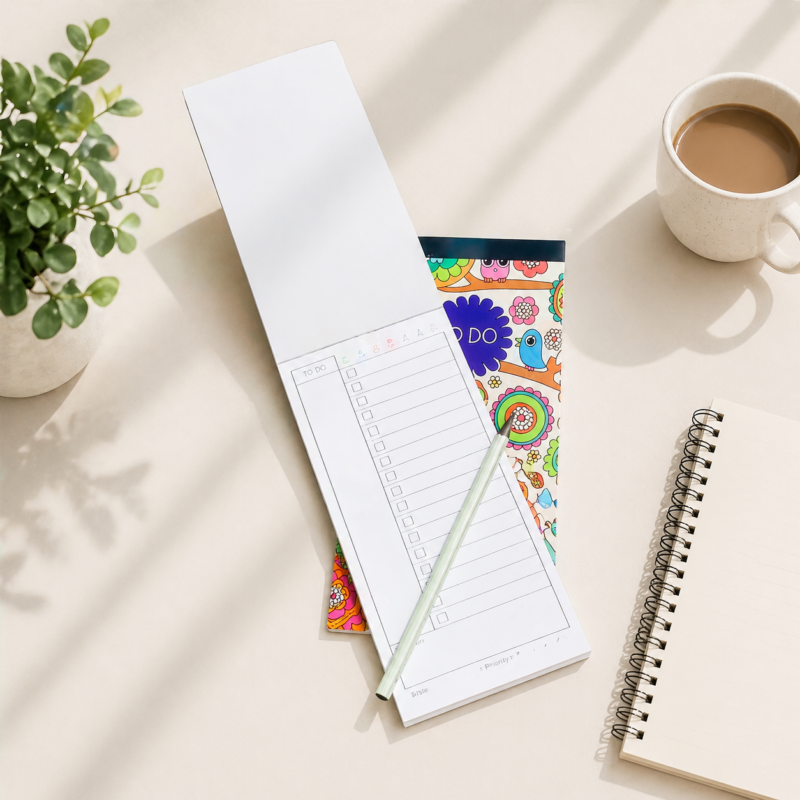 Open personalized notepad showing custom inner page with ruled lines and a QR code, plus staple binding and handwritten notes