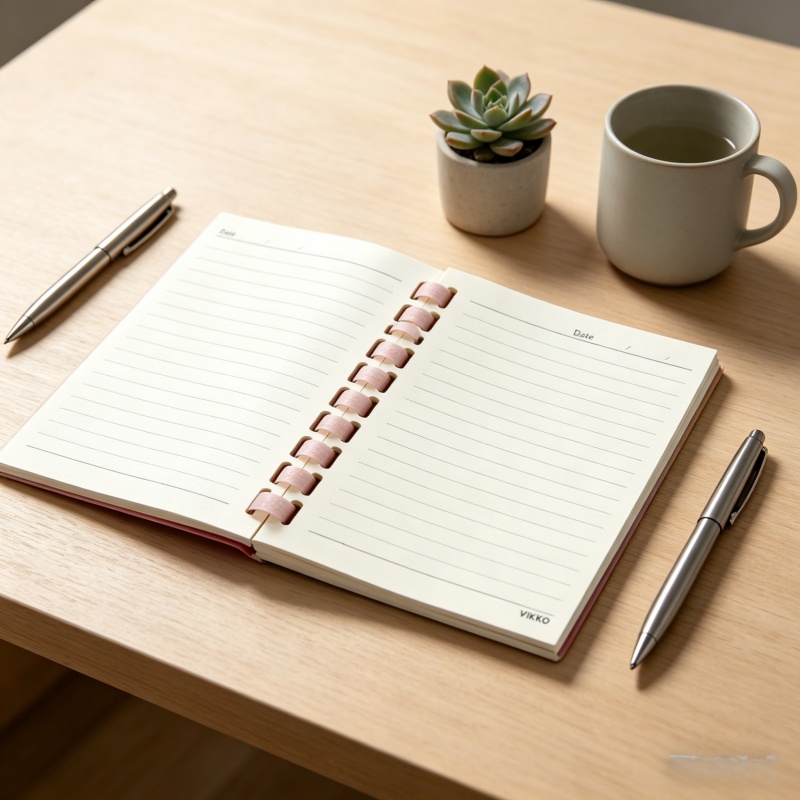 Open custom spiral notebook with logo showing lined pages and a printed QR code for business promotion 