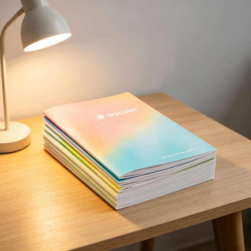 Custom saddle binding paper notebook with school mascot logo, lying on a wooden desk next to a pen 