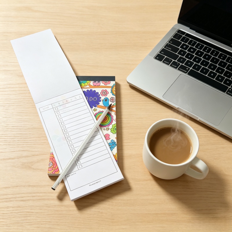 Open custom notebook for student promotional gift showing blank cream pages and staple binding, with a handwritten note on the first page