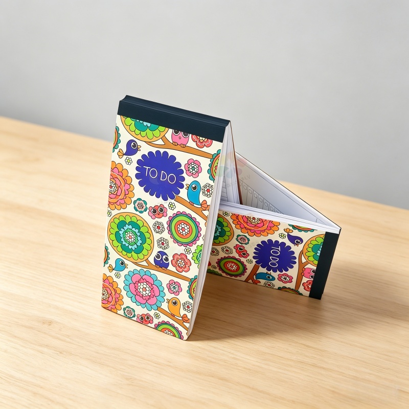 Custom notebook for student promotional gift with bright orange school logo cover, lying on a desk next to colorful pens