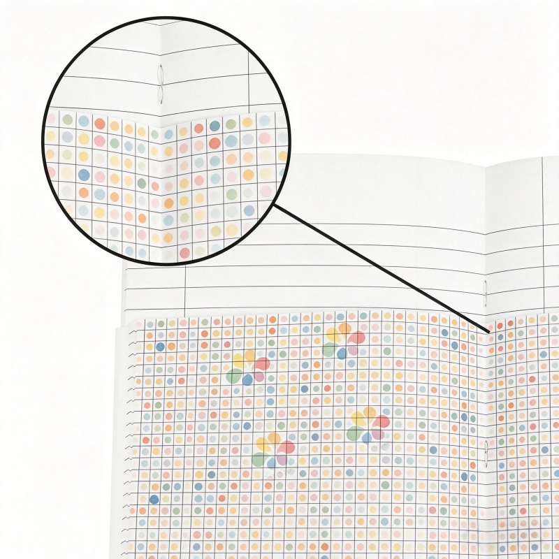 Open custom saddle binding paper notebook showing cream pages and silver staples along the spine, with handwritten notes 