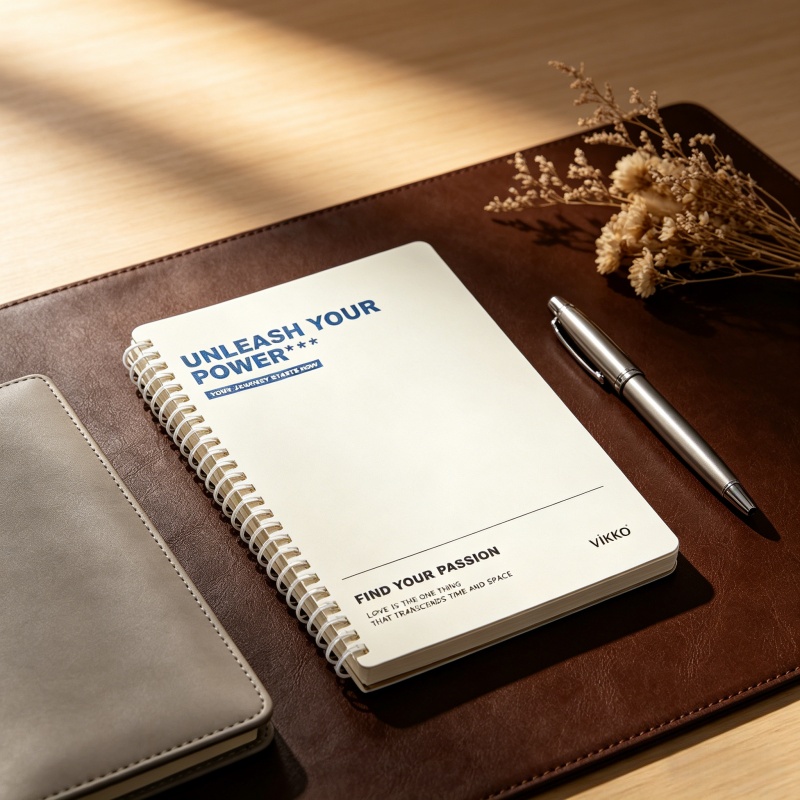 Colorfly custom spiral notebook with bright green cover and dot grid pages lying flat on a wooden desk beside a pen