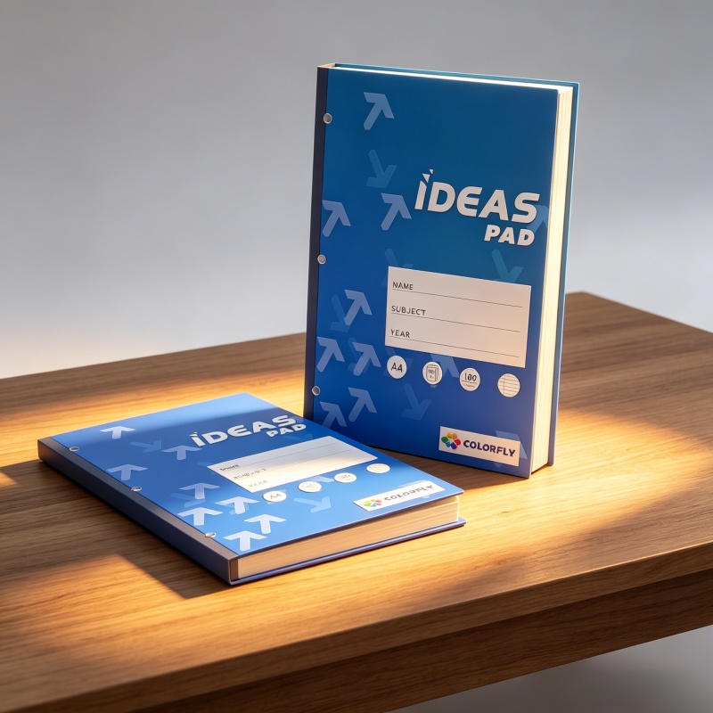 Open custom notebook for promotional school business use showing mixed dot grid and calendar pages, with a pocket folder on the inside back cover