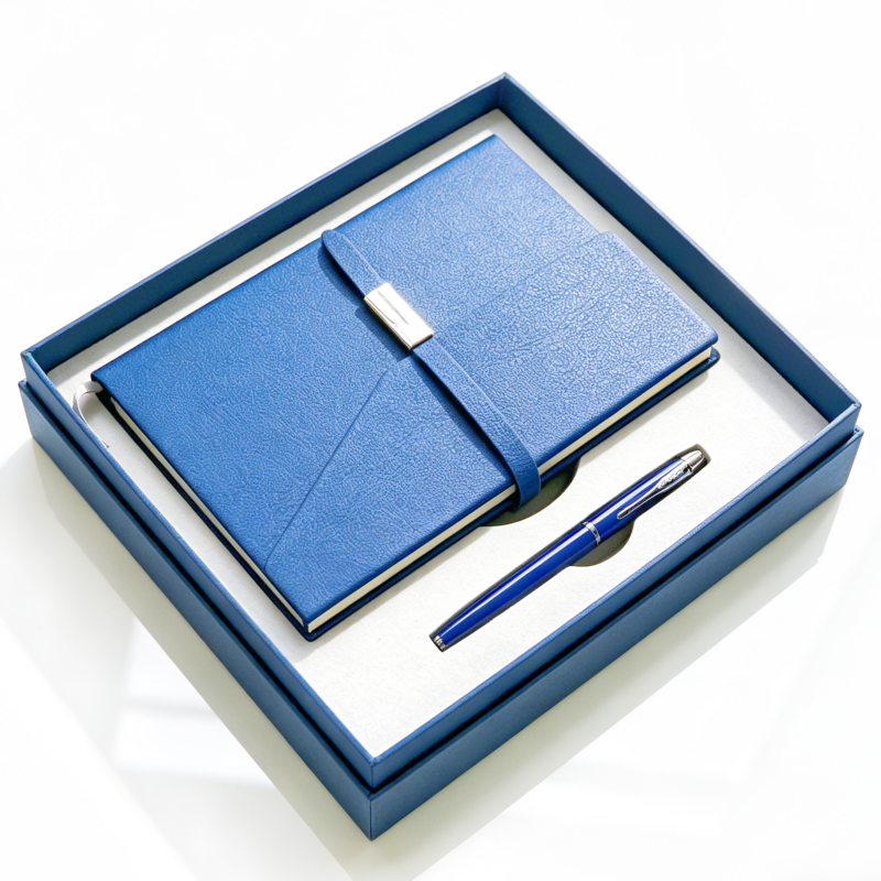 Custom Logo Premium Blue Leather Notebook & Pen Gift Set