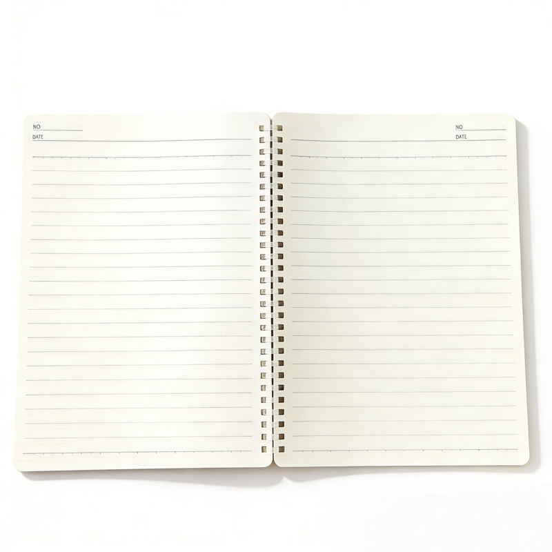 Custom spiral notebook interior pages showing dotted grid and lined paper layouts for school and business use 