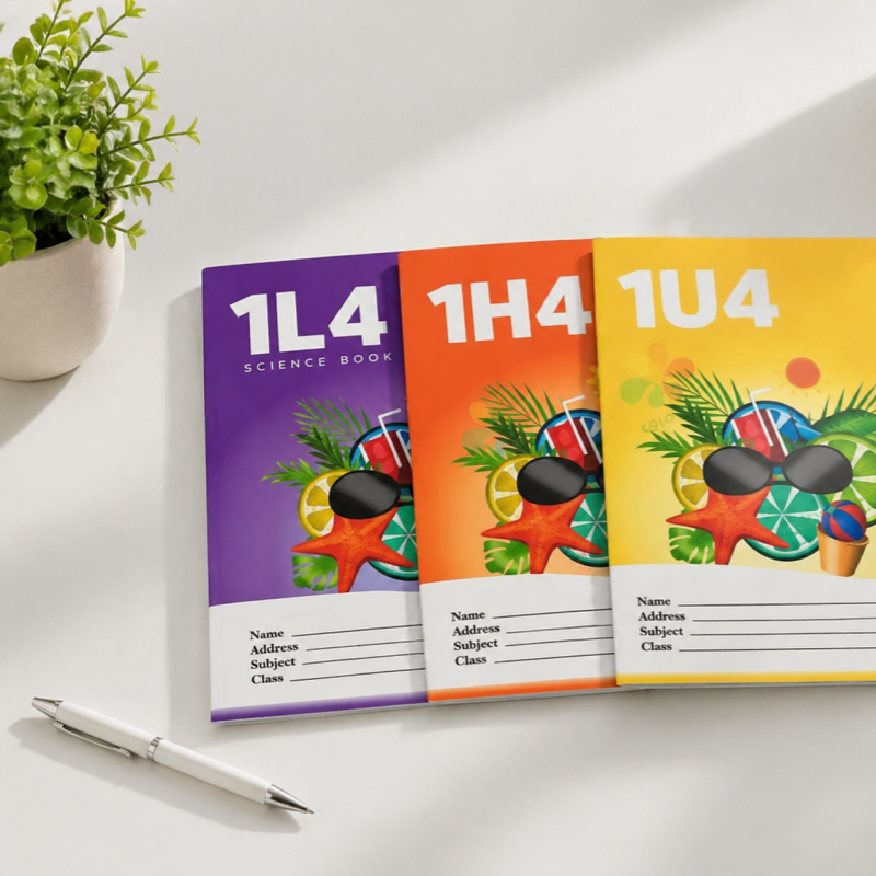 A5 stapled exercise book with custom cover showing school logo