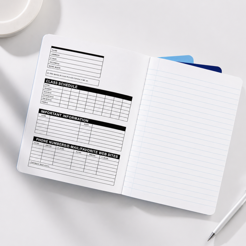 Student writing in a wide ruled vintage composition notebook