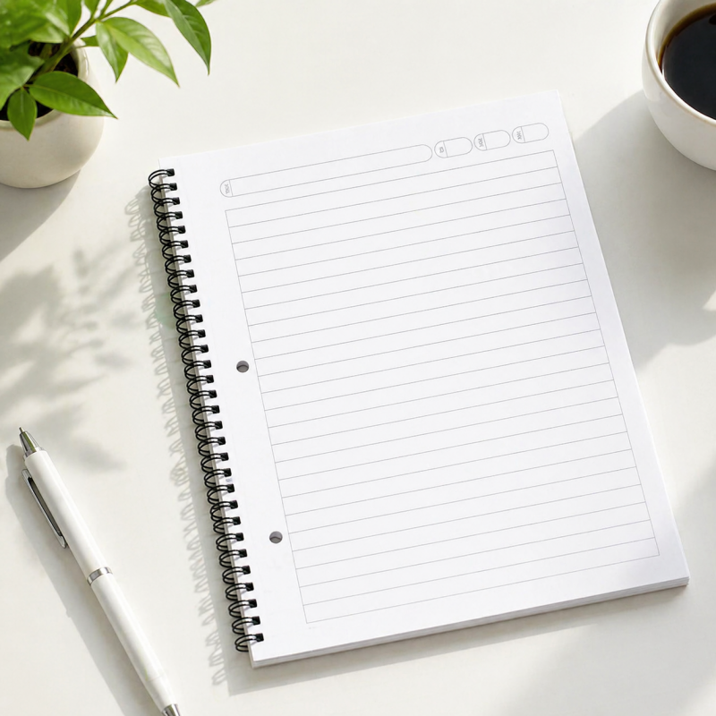 Open A4 spiral notebook showing double-loop wire binding and smooth 80gsm paper