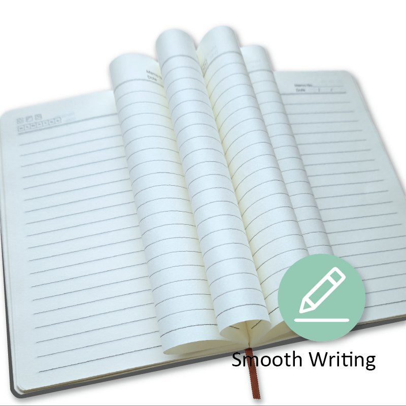 Close-up of the premium fabric cover texture and flat-laying pages of Colorfly A5 notebook